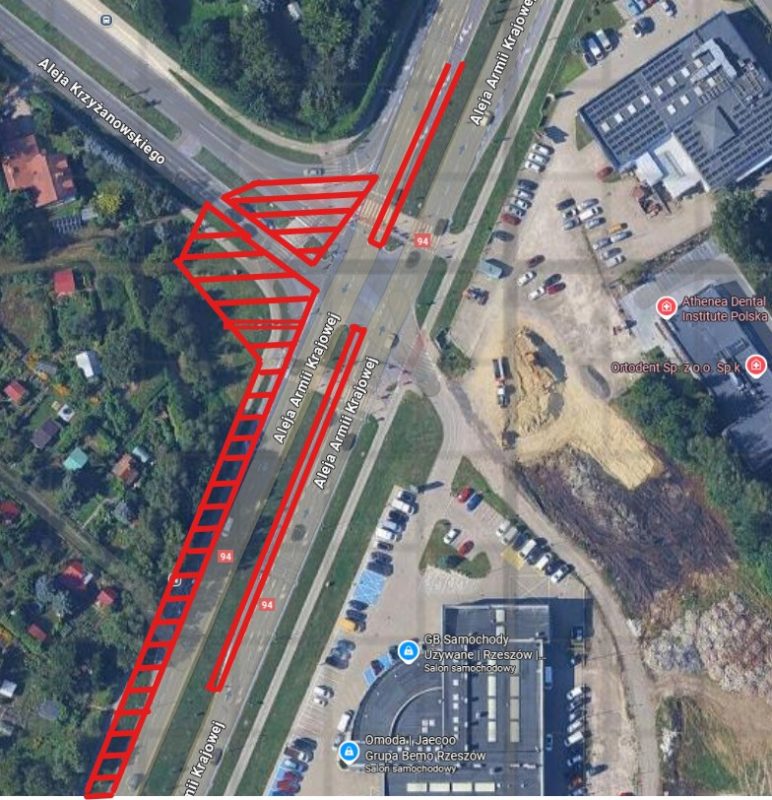 Zrzut ekranu Google maps z zaznaczonym odcinkiem budowy połączenia drogowego